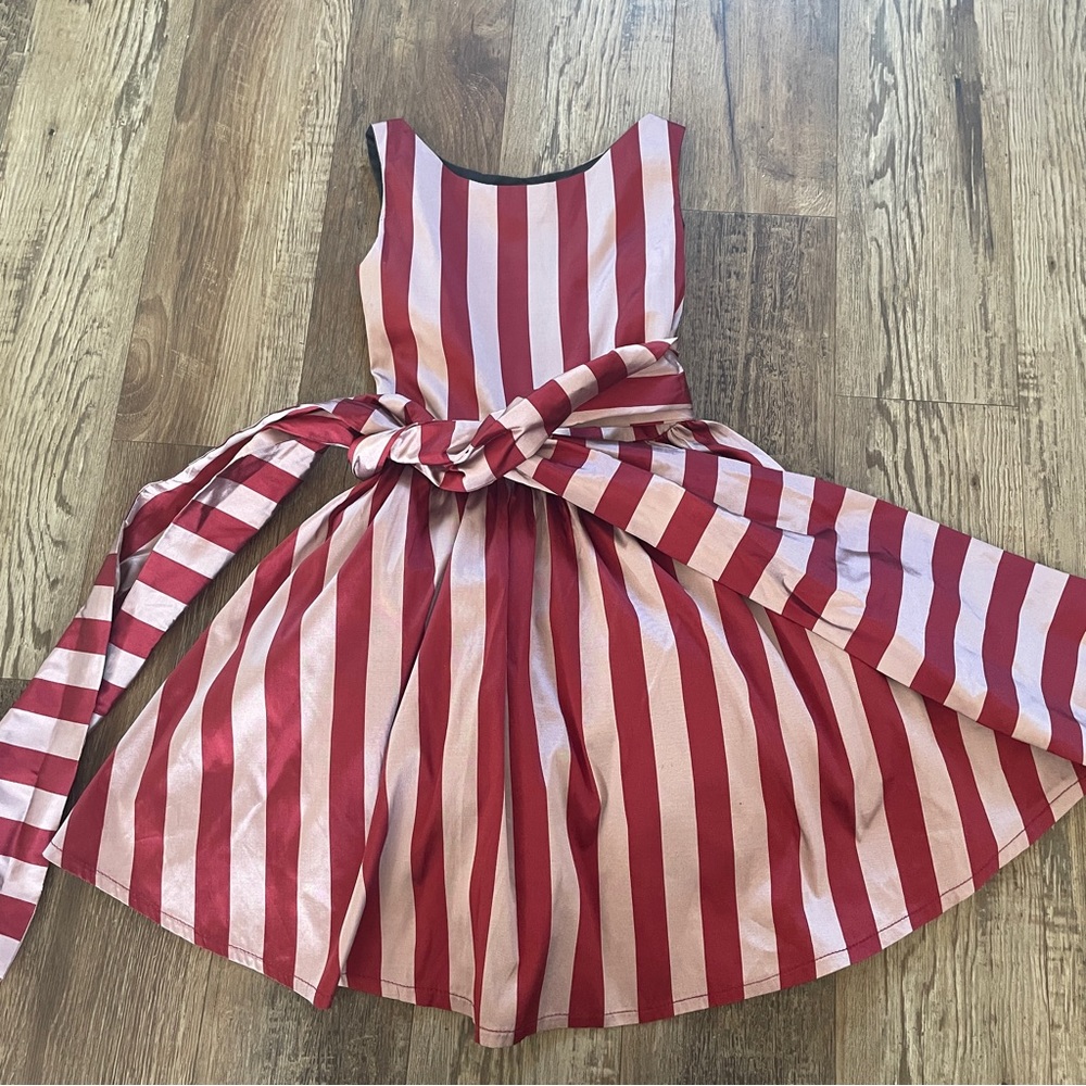 Red and Pink Striped Kids Dress with Waist Sash
